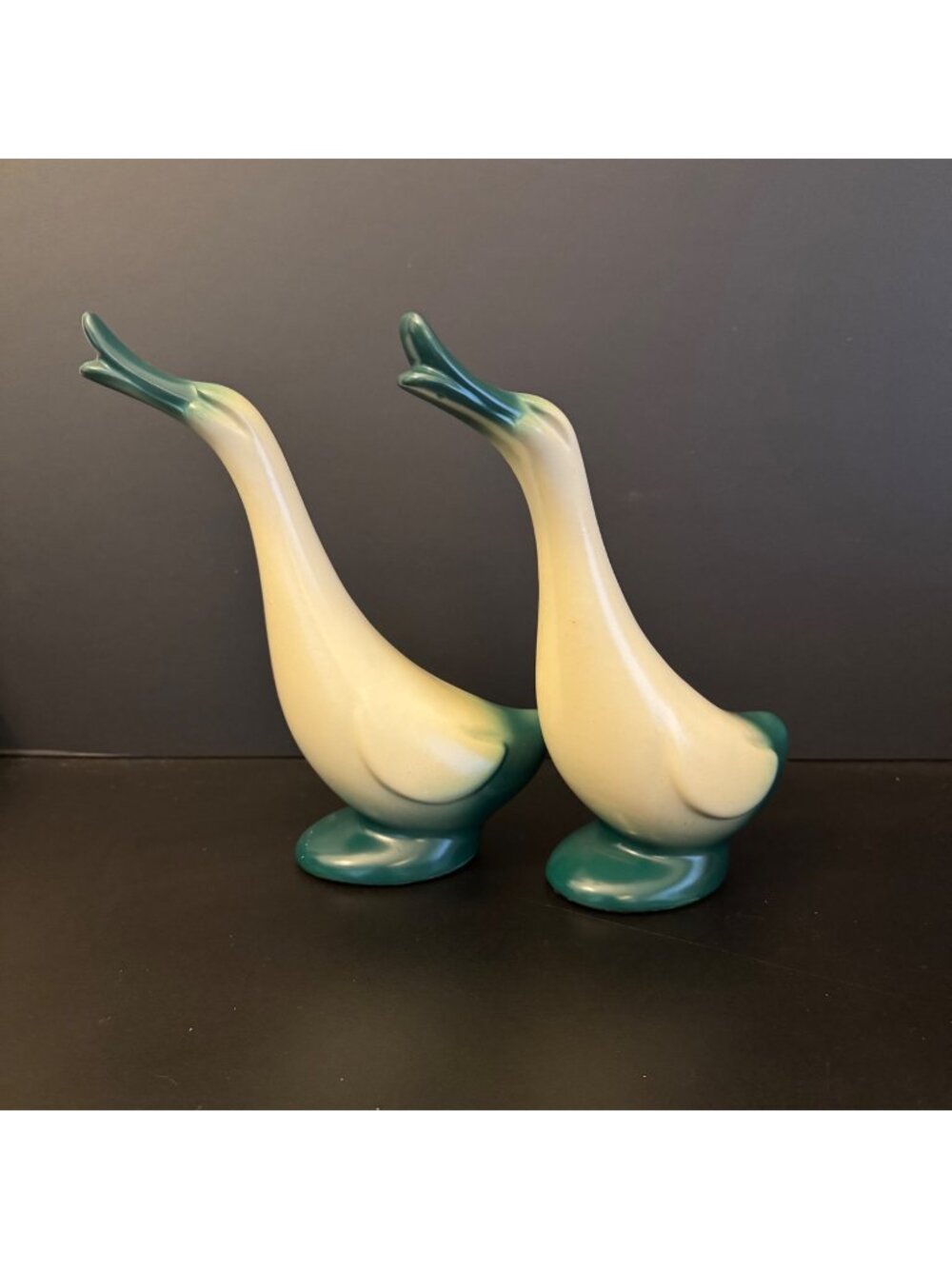 2 Vintage Stanford Sebring Pottery Ducks Goose Green & Cream 8.5 inch MCM 50s/60